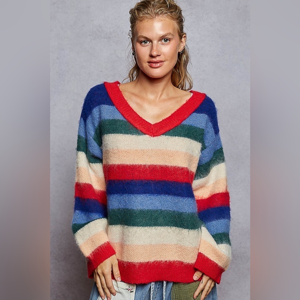 POL “ Malibu Stripes “ V Neck Sweater | Festive Stripes - Picture 4 of 6